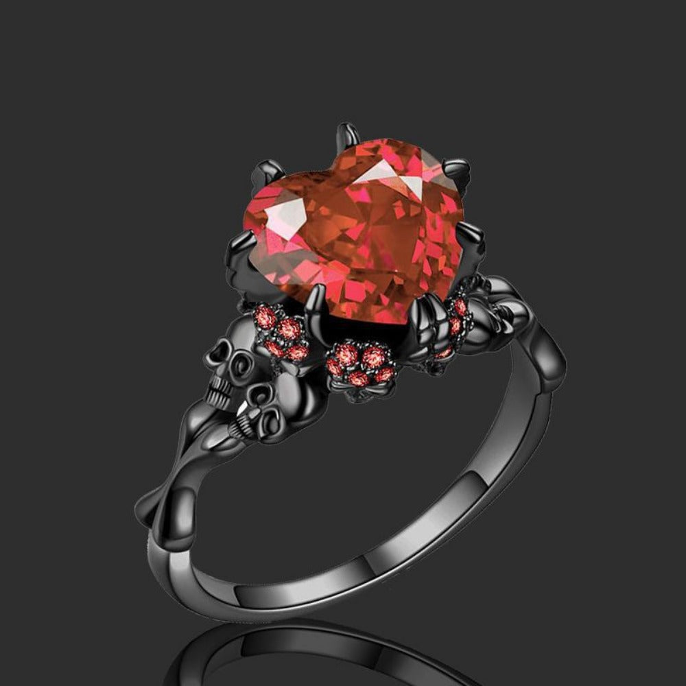 Skull Gothic Black Ring Heart-shape Red Crystal Vampire Double Skull Rings Black for Women Party Wedding Jewelry