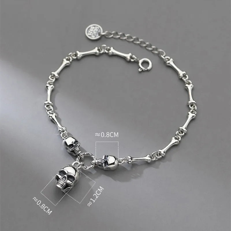 YIZIZAI Gothic Style 100% 925 Sterling Silver Women Creative Retro Skull Bone Chain Bracelet For Halloween party