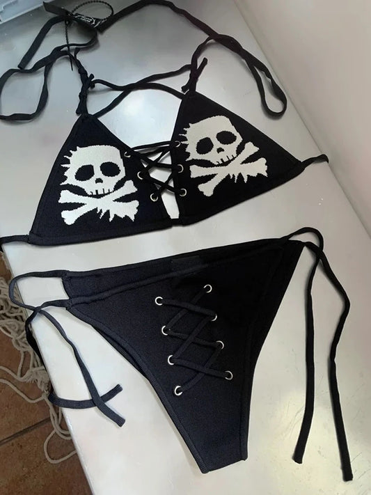 Sexy Bikini Women Y2k Emo Egirl Swimsuit Kawaii Sweet Bandage Bra Set Summer Beach Swimwear Femme Grunge Skull Punk Gothic