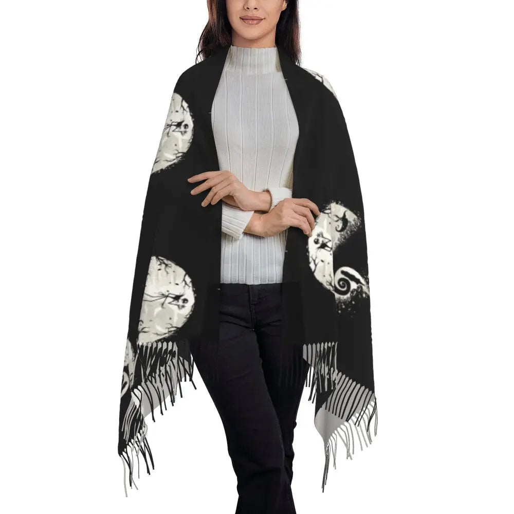 Custom Jack Skellington Sally Tassel Scarf Women Winter Fall Warm Shawls Wraps Ladies The Nightmare Before Christmas Scarves