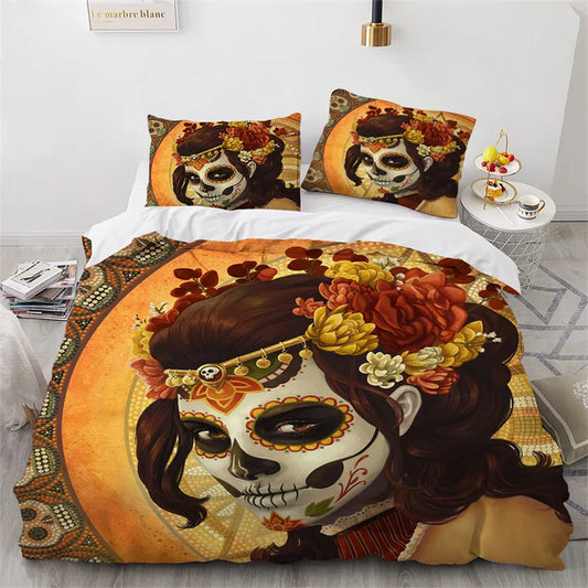 Skull Duvet Cover Red Rose Skeleton Queen Floral Skeleton Traditional Mexican Halloween Double Queen King Polyester Qulit Cover