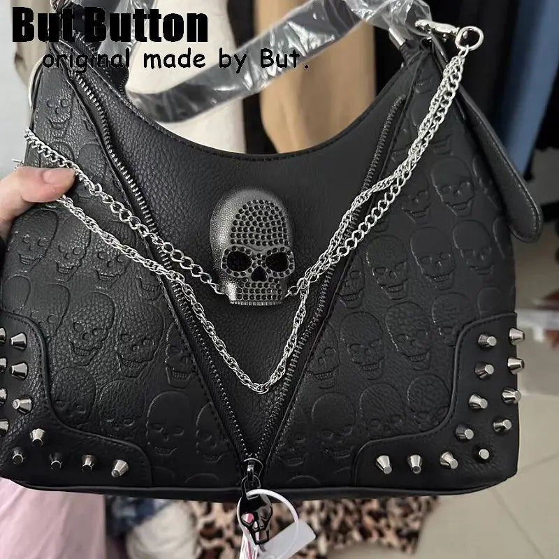 Y2K Gothic Punk Women's Girls Two Shoulder Rivet Chain Skull Cool Handbag Harajuku Bags Tote retro skull single shoulder Bag