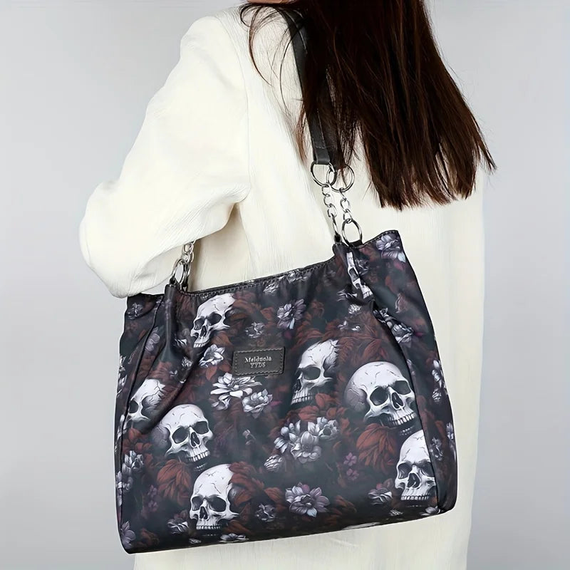 Gothic Skull Pattern Tote Bag, Large Capacity Shoulder Bag, Women's Fashion Handbag for Commute Work