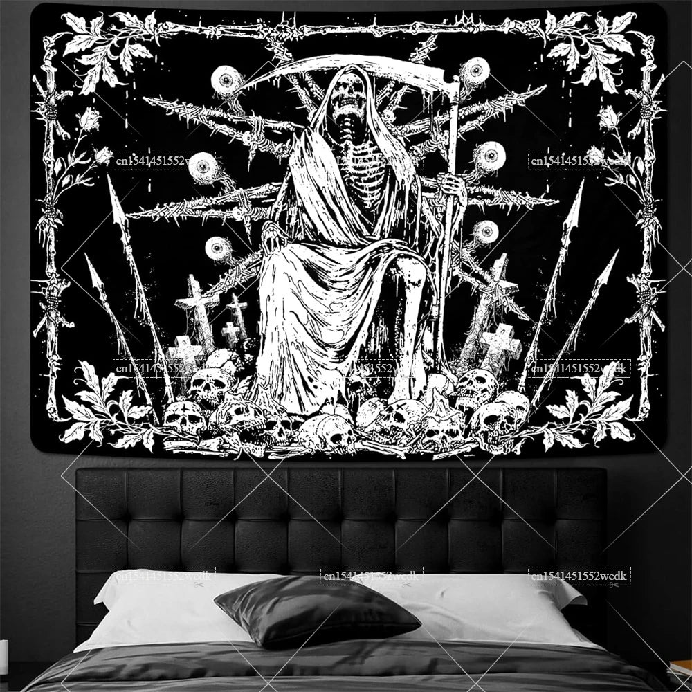 Moth Skull Tapestry Black Goth Tapestries Horror Skeleton HippieTapestry Wall Hanging Room Decor Aesthetic Party Backdrops