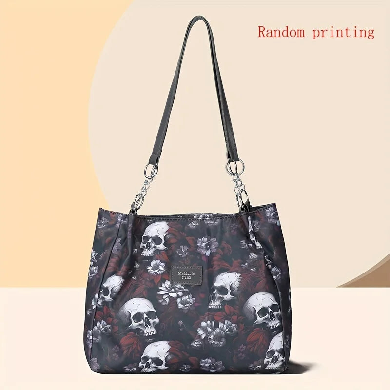 Gothic Skull Pattern Tote Bag, Large Capacity Shoulder Bag, Women's Fashion Handbag for Commute Work