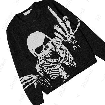 BIG PROMOTION Y2K European and American Autumn and Winter Men's Gothic Casual Black Loose Skeleton Print Vintage Knitted Sweater