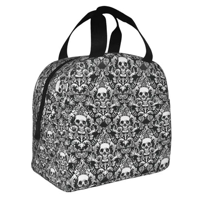 Vintage Halloween Gothic Black Skull Damask Lunch Bag Portable Thermal Cooler Insulated Bento Box For Women Kids Food Tote Bags