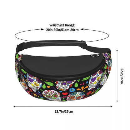 Colorful Sugar Skull Flower Pattern Fanny Pack Women Men Casual Crossbody Waist Bag for Hiking Phone Money Pouch