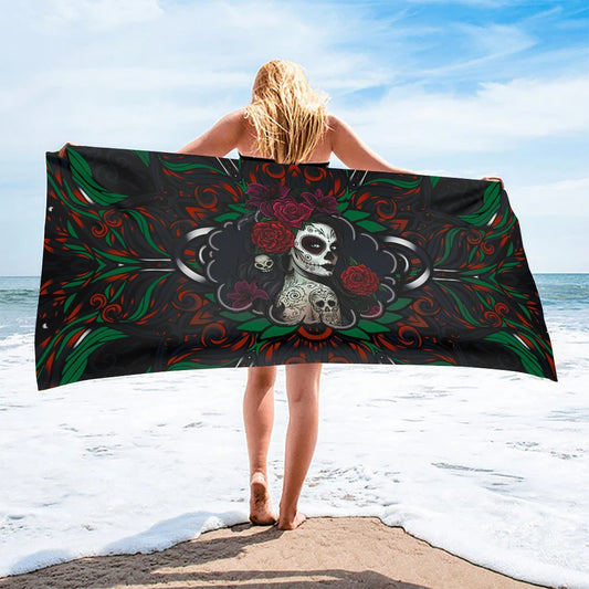 Halloween Horrible Sugar Skull Girl Printed Beach Towel Outdoor Quick Drying Swimming Bath Towels Yoga Mat for Kids Adults Gift