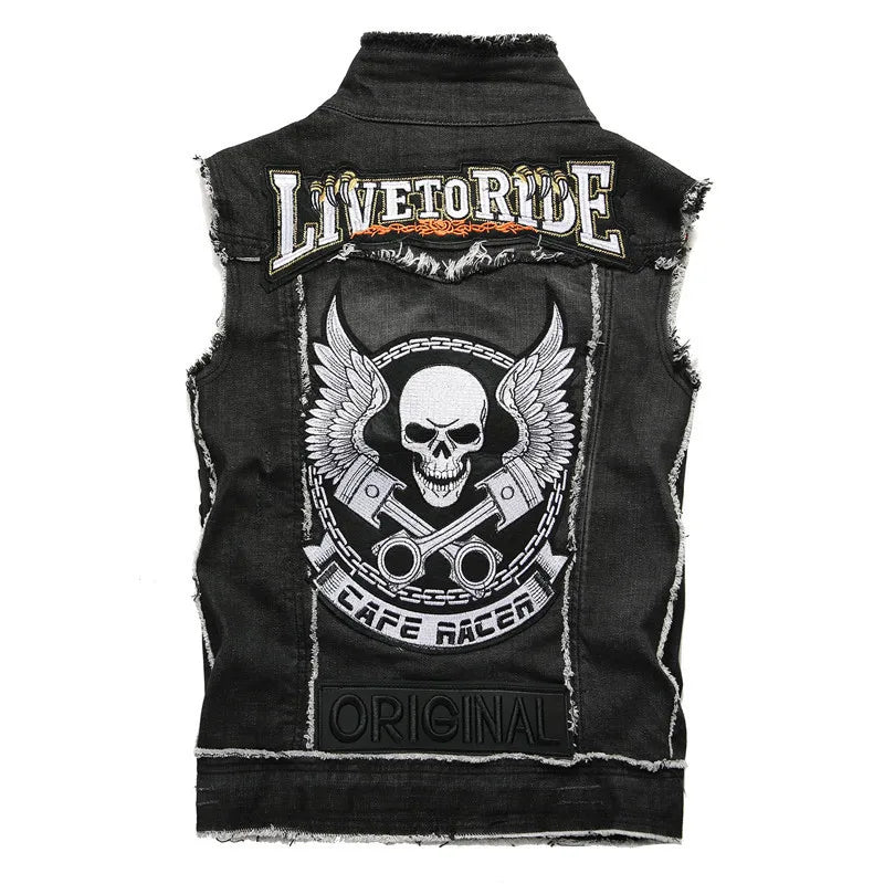 Men's Hi Street Biker Denim Vests With Rivet Skull Patches Fashion Punk Style Jean Waistcoat Personality Sleeveless Jacket