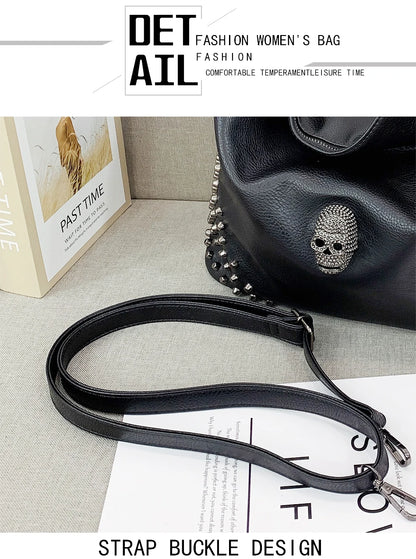 JIEROTYX Punk Skull Women Shoulder Bags Large Capacity Fashion Rivet Ladies Handbag Black Leather PU Tote Cossbody Great Quality