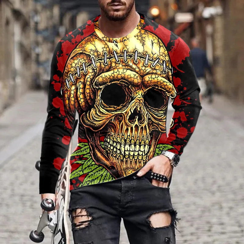 Flame Skull 3D Printed Streetwear Men's T-Shirts Long Sleeve Round-Neck Horror Halloween Man Tops Loose Gothic Round-Neck Tees