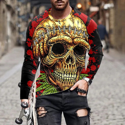 Flame Skull 3D Printed Streetwear Men's T-Shirts Long Sleeve Round-Neck Horror Halloween Man Tops Loose Gothic Round-Neck Tees