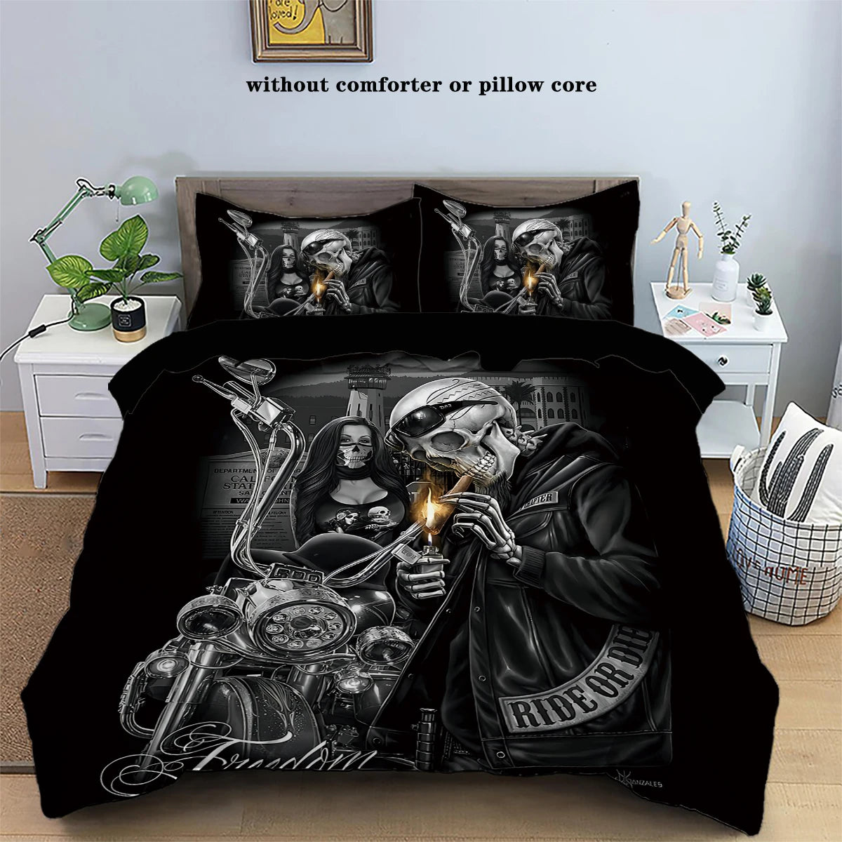 3pcs Skull Motorcycle Series Print Polyester Bedding Set,For Bedroom,Guest Room (1*Comforter Cover+2*Pillowcases,No Core)