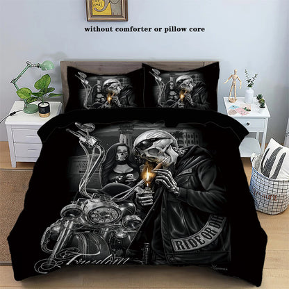 3pcs Skull Motorcycle Series Print Polyester Bedding Set,For Bedroom,Guest Room (1*Comforter Cover+2*Pillowcases,No Core)