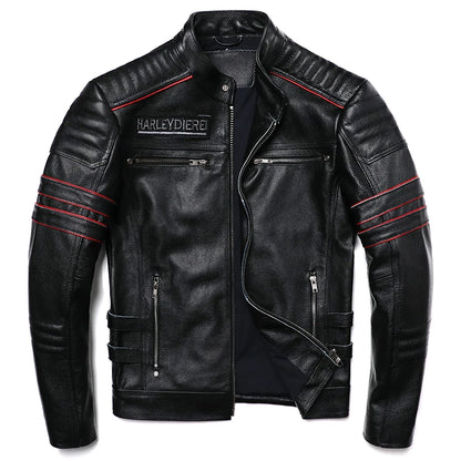 New Embroidery Skull Fashion Genuine Leather Jacket Men's Natural Cowhide Motorcycle Jacket Slim Moto Coat Size S-6XL