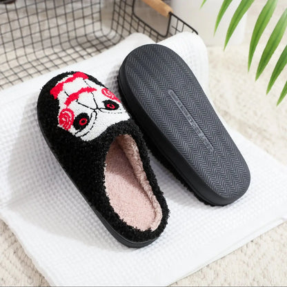 Horror Movie Chainsaw Horror Skull Pattern fashion Embroidery stuffed Home Thick Sole plaid Furry Cotton Slippers Personality Warm Non-Slip Indoor Slippers Men Women Can Wear Halloween Christmas Gift