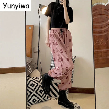 Sweatpants Women Harajuku Pink Corduroy Wide Leg Pants Korean High Waist Skull Fashion Trousers plus size clothes Capris