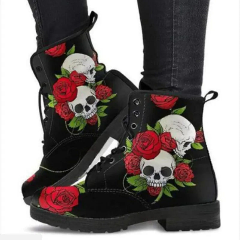 Women's Autumn and Winter Fashion Women's Tooling Boots Skull and Flower Print High-top Boots Ladies