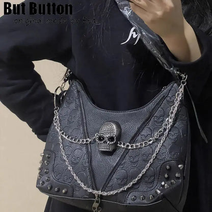 Y2K Gothic Punk Women's Girls Two Shoulder Rivet Chain Skull Cool Handbag Harajuku Bags Tote retro skull single shoulder Bag