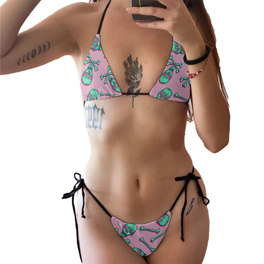 Fashion pink bikini suit women's halter low waist sexy skull pattern printed swimsuit beach surfing vacation Halloween cosplay