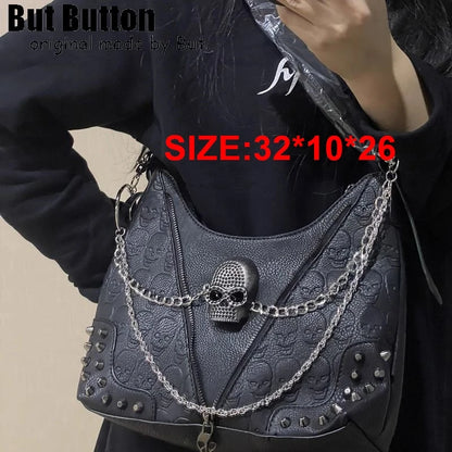 Y2K Gothic Punk Women's Girls Two Shoulder Rivet Chain Skull Cool Handbag Harajuku Bags Tote retro skull single shoulder Bag