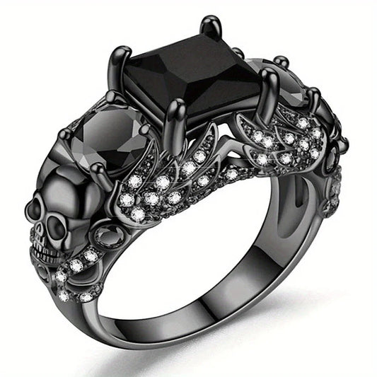 Vintage Gothic Skull Rings Heart Cubic Zirconia Crystal Biker Cocktail Party Rings for Women Halloween Christmas Gifts