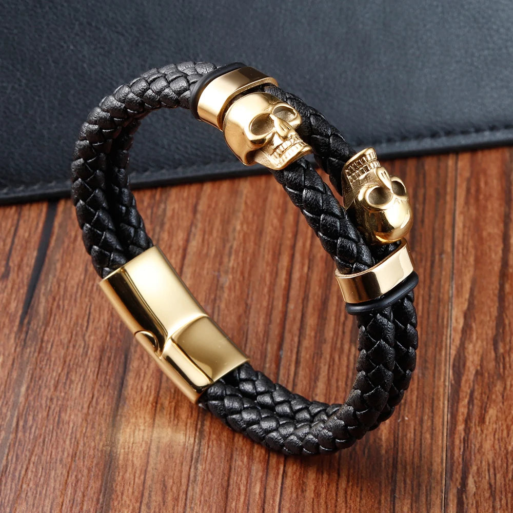 Hyperbole Men Jewelry Black Braided Leather Bracelets Stainless Steel Leahter Bracelets Cool Skull Bracelets Men Bracelet