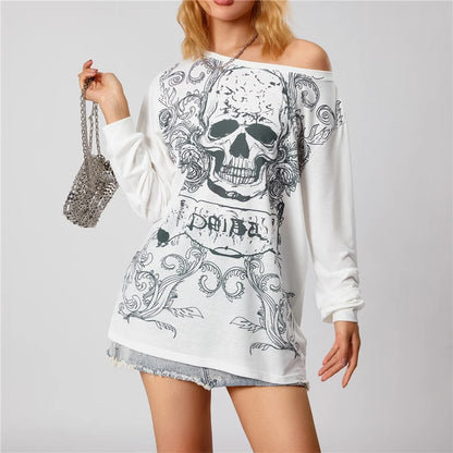 y2k Grunge Aesthetic Gothic Punk T Shirt Graphic Skull Print Long Sleeve Tops Women Clothes E Girl Tee Streetwear