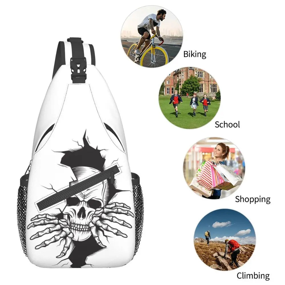 Gothic Skeleton Death Skull Sling Chest Bag Custom Crossbody Shoulder Backpack for Men Cycling Camping Daypack