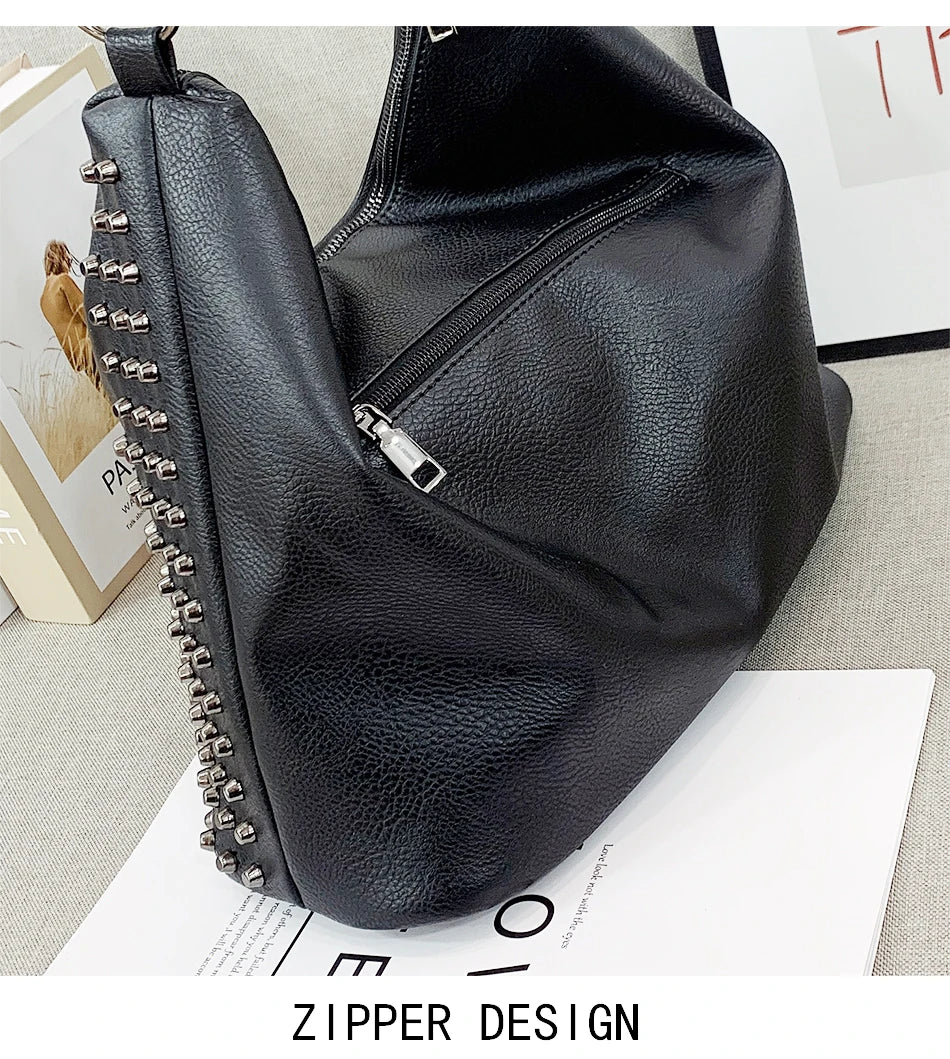 JIEROTYX Punk Skull Women Shoulder Bags Large Capacity Fashion Rivet Ladies Handbag Black Leather PU Tote Cossbody Great Quality