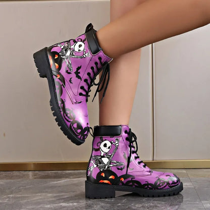 Skull Print High-Top Sneakers Women's Boots Autumn Winter Fashion Lace Up Purple Ankle Boots Plus Size Punk Gothic Shoes