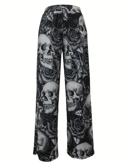 Women Gothic Style Skulls Printed Wide Leg Pants With Pockets Ladies High Wiats Full Length Pants Ladies Chic Wide Leg Pants