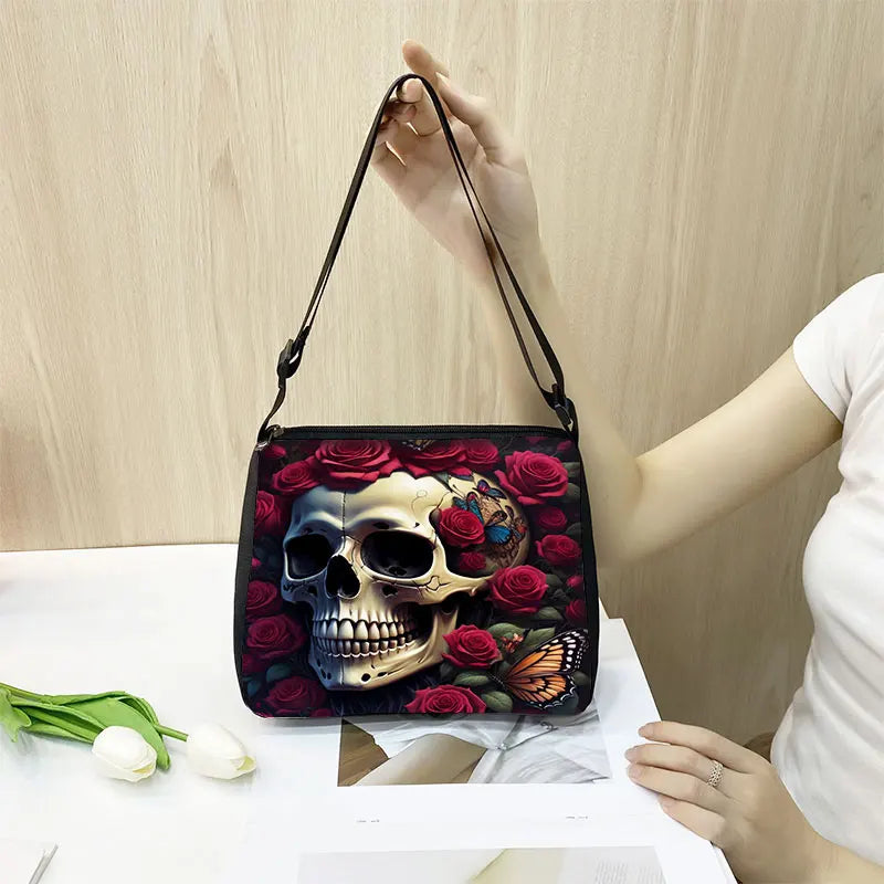 Horror Skull with Rose and Butterfly Printing Shoulder Bag Skull with Flower Handbag Phone Holder Daily Outdoor Travel Bag