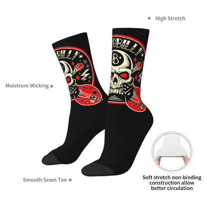 Custom Rockabilly Motorcycle Rider Rock Skull Men's Crew Socks Unisex Kawaii 3D Printed Dress Socks