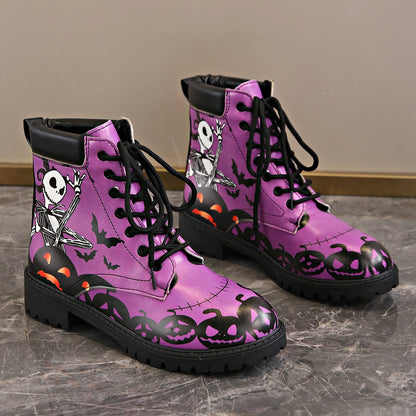 Skull Print High-Top Sneakers Women's Boots Autumn Winter Fashion Lace Up Purple Ankle Boots Plus Size Punk Gothic Shoes