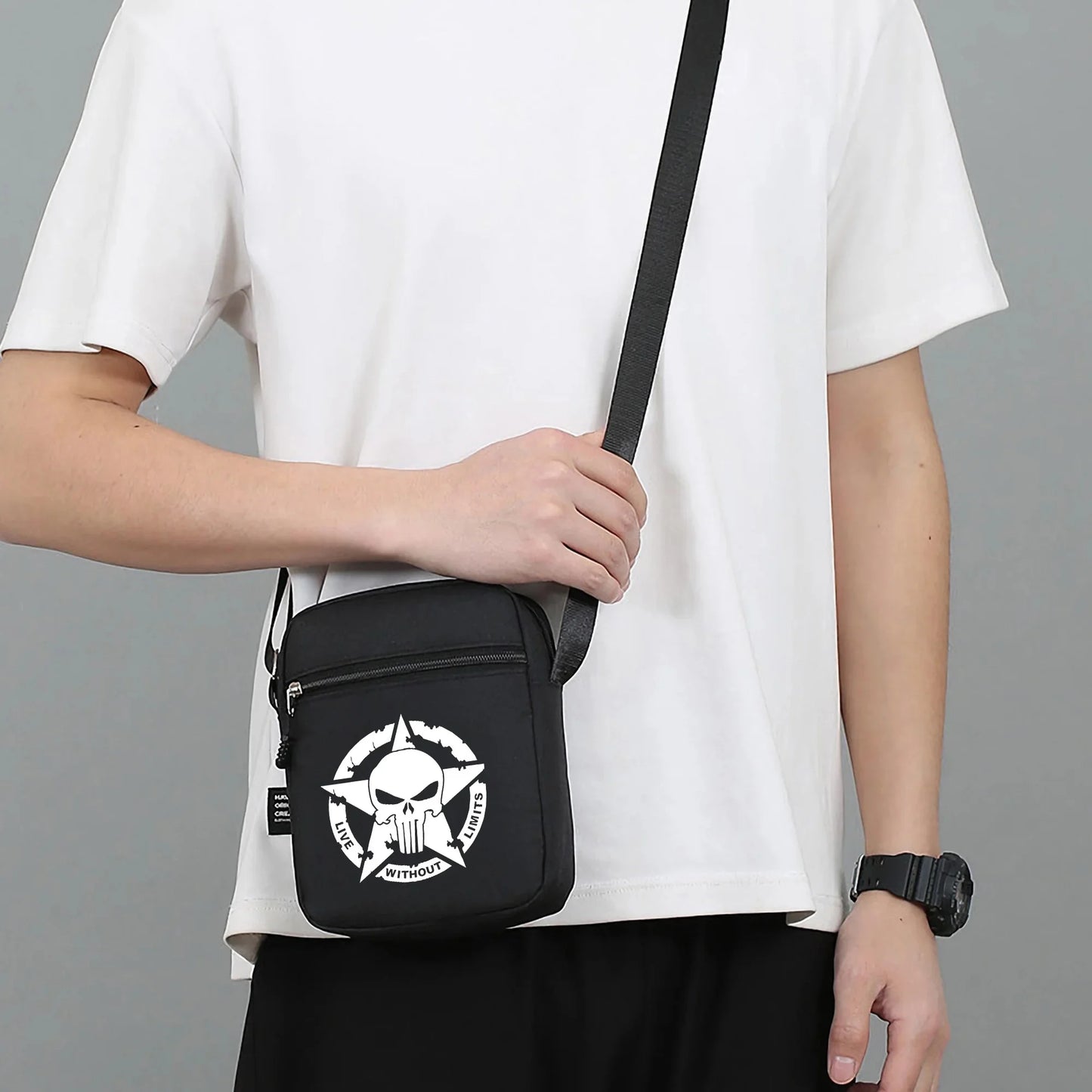 Fashion Skull Head Pattern Mini Oxford Crossbody Bag Print Single Shoulder Bags Adjustable Strap Black Casual Sports Travel