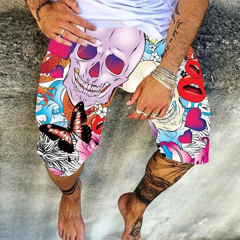 Fashion Skulls Print Mens Shorts Spring Summer Loose Drawstring Tie-up Casual Short Pant Leisure Men Vacation Beach Shorts