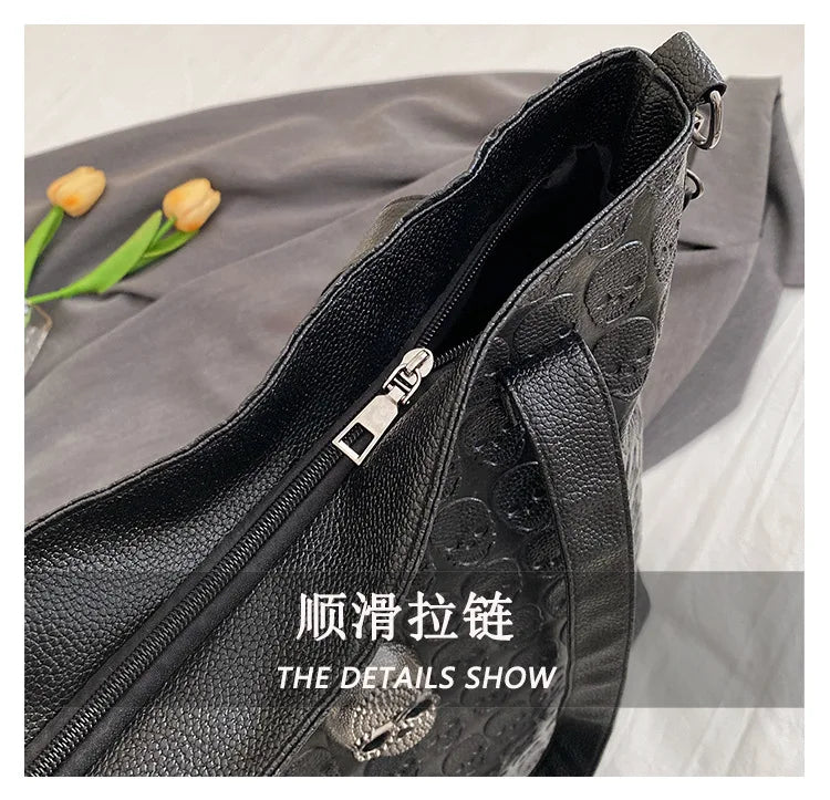 New Black Leather Tide Rivets Big Bag Printing Flower Skull Shoulder Bag Handbag Fashion Leisure Women's Bags