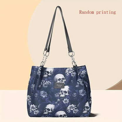 Gothic Skull Pattern Tote Bag, Large Capacity Shoulder Bag, Women's Fashion Handbag for Commute Work