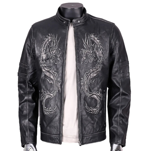 Mens Chinese Cow Brand Leather Skull Jackets Imported Genuine Leather Cowhide Embroidery Dragon Coat For Man Winter Overcoat