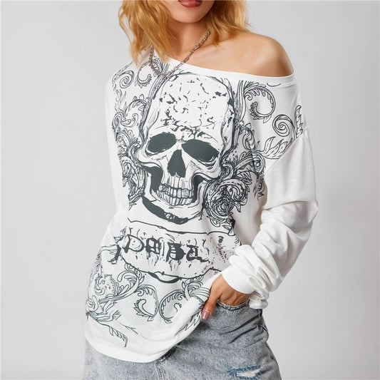 y2k Grunge Aesthetic Gothic Punk T Shirt Graphic Skull Print Long Sleeve Tops Women Clothes E Girl Tee Streetwear