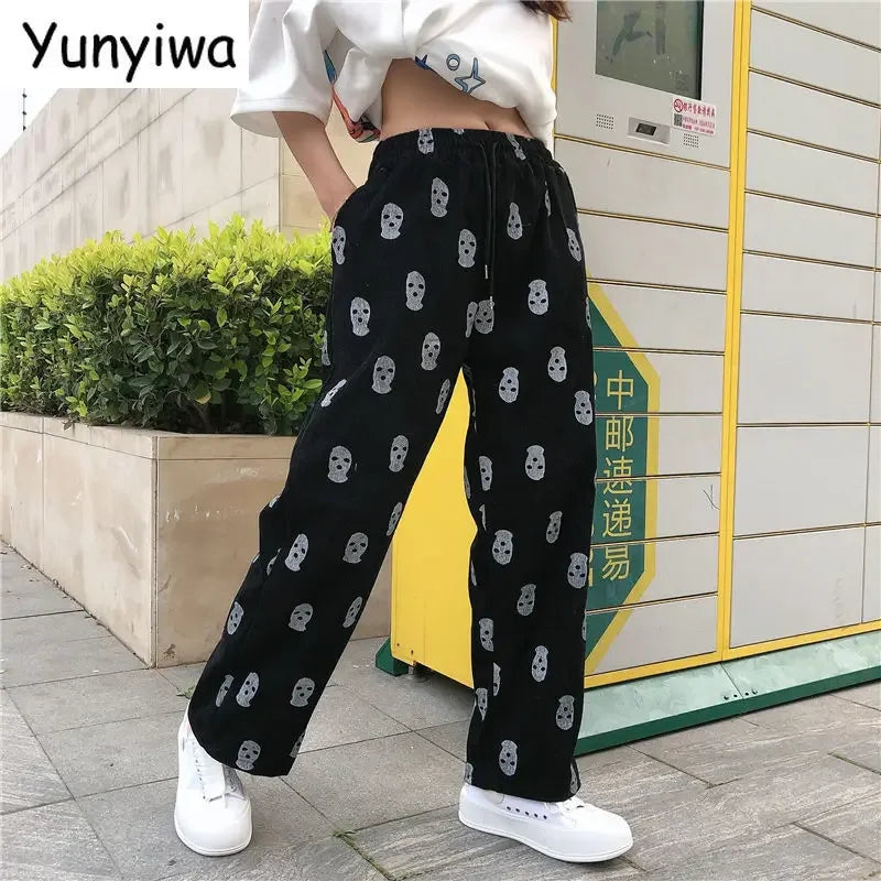 Sweatpants Women Harajuku Pink Corduroy Wide Leg Pants Korean High Waist Skull Fashion Trousers plus size clothes Capris