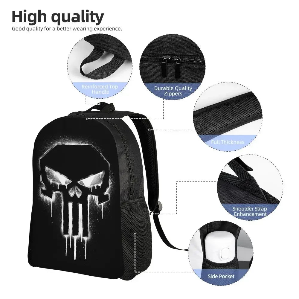 Customized Superhero Backpack Men Women Basic Bookbag for College School Punisher Skull Symbol Bags