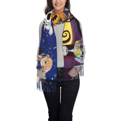 Custom Jack Skellington Sally Tassel Scarf Women Winter Fall Warm Shawls Wraps Ladies The Nightmare Before Christmas Scarves