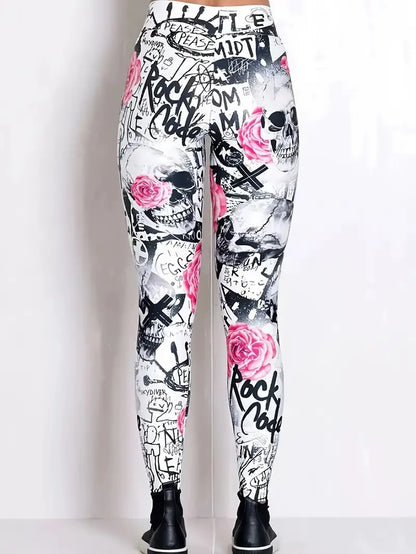 Floral & Skull print elastic elastic waist slim-fit women's leggings for everyday wear