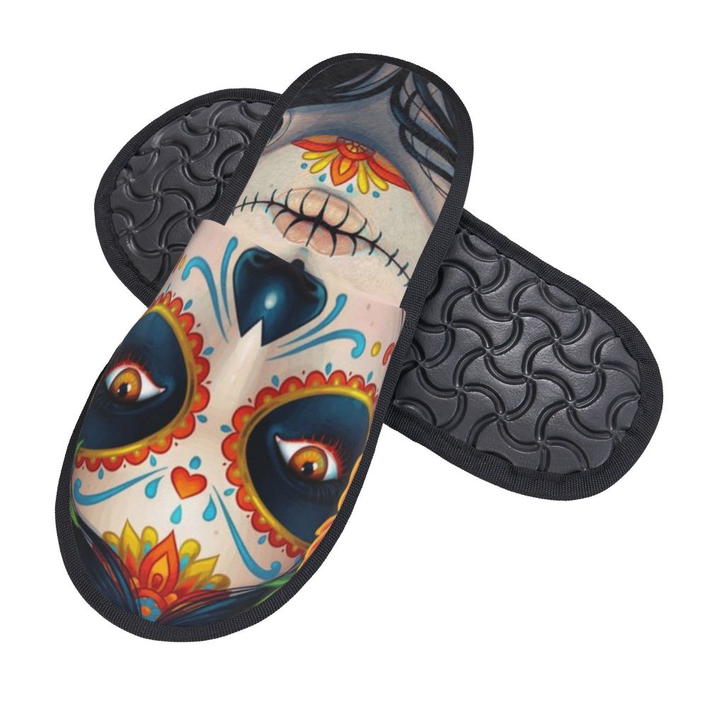 Halloween Catrina Sugar Skull House Slippers Soft Memory Foam Shoes Day Of The Dead Mexican Lady Comfy Warm Anti-Skid Slipper