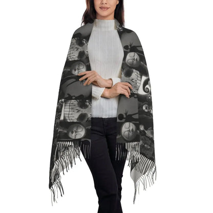 Custom Jack Skellington Sally Tassel Scarf Women Winter Fall Warm Shawls Wraps Ladies The Nightmare Before Christmas Scarves