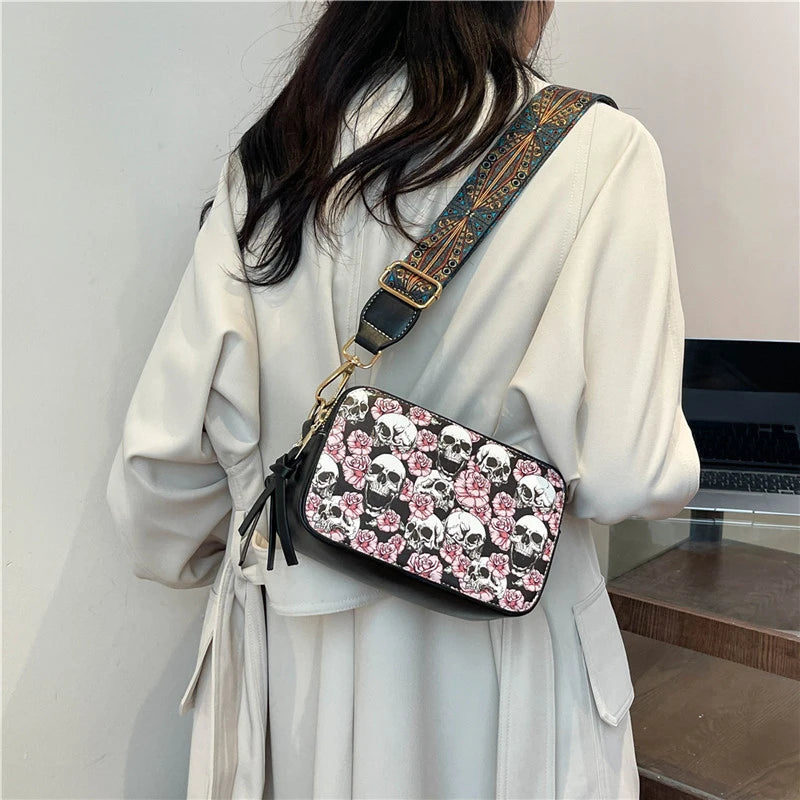 Skull Jack Print Crossbody Bag Wind Lady Shoulder Bag Casual Fashion Phone Purse Mini Bag Female PU Leather Satchel Handbag