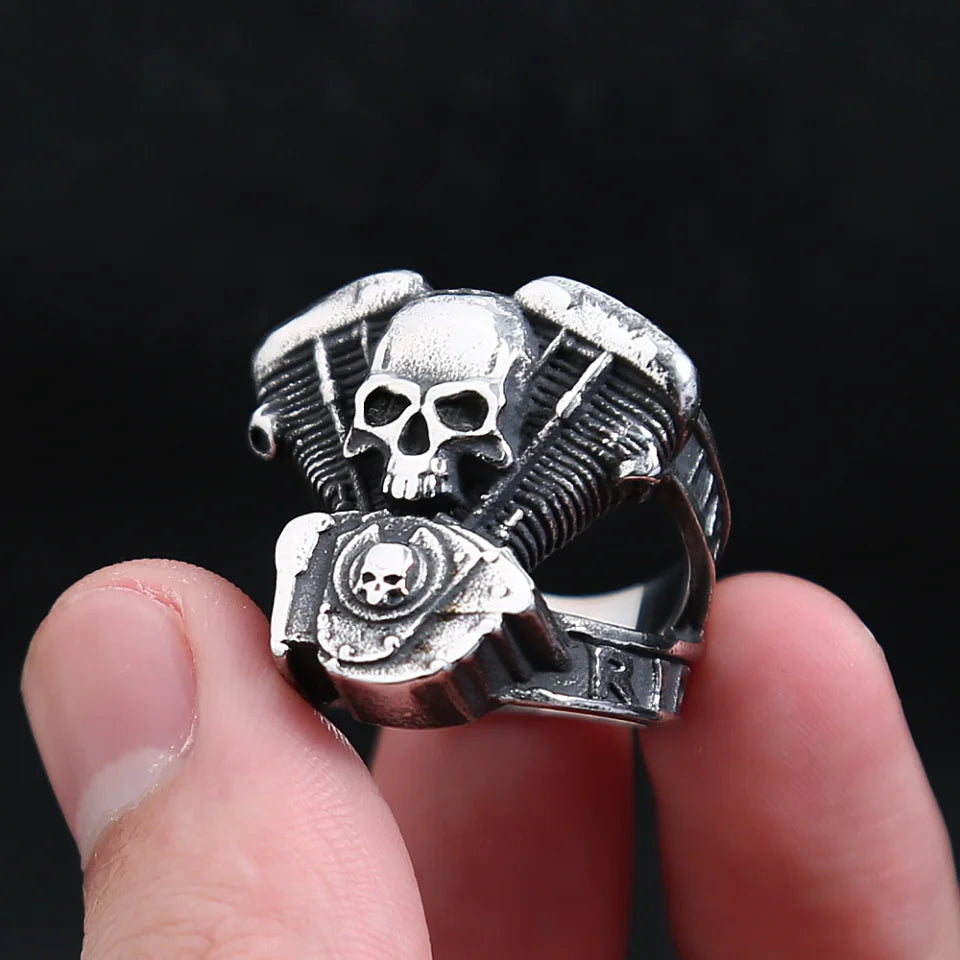 Fashion Vintage Steampunk Motorcycle Engine Skull Rings For Men 316L Stainless Steel Biker Hip Hop Jewelry Gifts Dropshipping